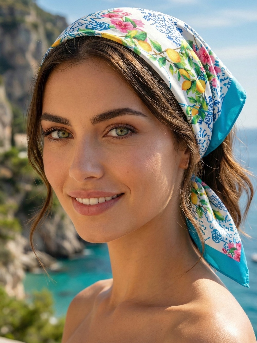 Antica Sartoria 2026 Positano Aqua White PinkFlower Print Hair Scarf bandana